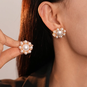 French vintage flower pearl stud earrings in gold with elegant petal design for women