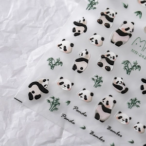 3D embossed panda and bamboo nail stickers with cute black and white cartoon patterns