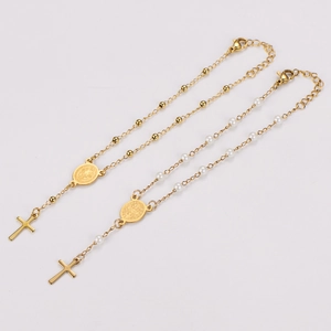 Bracelets chapelet en acier plaqué or 18k avec croix et pendentif médaillon