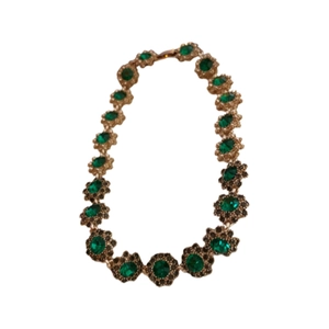 Vintage French luxury necklace with green crystal flowers in gold finish for women