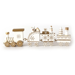 Detailed close-up of white and gold wooden Christmas train with snowman and gift box figurines