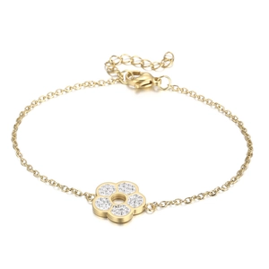 Titanium steel gold necklace with sparkling floral pendant and lobster clasp on white background