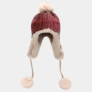 Winter aviator hat with red knit fabric, faux fur lining and pompom details
