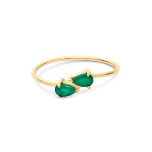 Macro detail of minimalist gold open bangle featuring two pear-shaped green gemstones