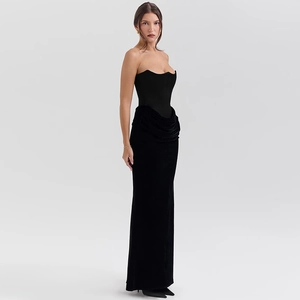 Elegant black velvet off-the-shoulder evening maxi dress with a slim-fit bodice for women