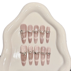 Handgefertigte Stiletto-Cat-Eye-Nägel in Zartrosa mit 3D-Blumendekor und Strasssteinen