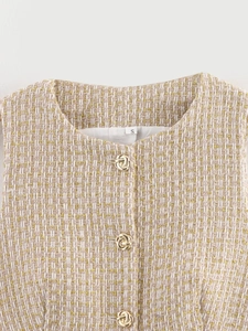 Close-up of beige tweed top collar with gold metal buttons and size S neck label