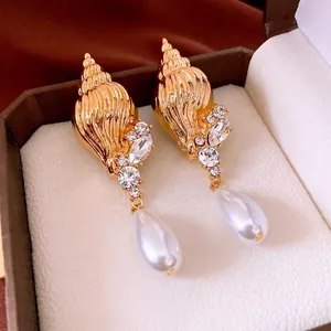 Seashell Drop Earrings Alloy Rhinestone Teardrop Imitation Artificial Pearl With Silver Earring Post Vintage For Women