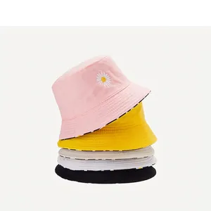 Summer cotton bucket hat for women with daisy embroidery available in four colors