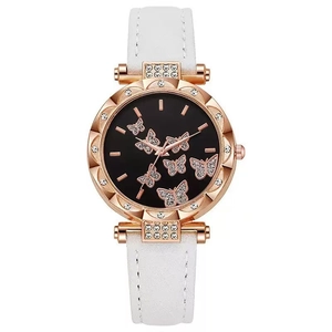 Orologio da donna oro rosa con quadrante farfalle e cinturino in pelle bianca