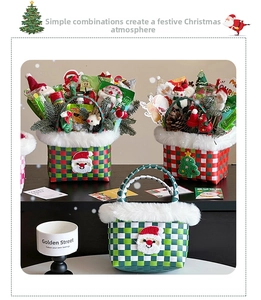Close-up of a Christmas themed woven basket with plush trim and festive snacks