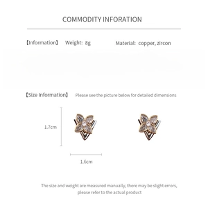 Detail view of zircon clover earrings showing weight 8g and size 1.7cm by 1.6cm