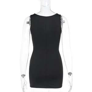 Close-up back view of a black bodycon mini dress showing knit texture and slim fit
