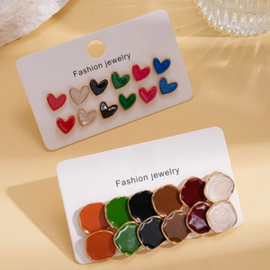12-pair set of colorful heart and geometric enamel stud earrings with gold plating