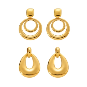 Polished geometric gold hoop and teardrop dangle earrings set for women in mirror finish