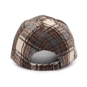 Detail of adjustable silver metal buckle on brown and beige plaid wool baseball cap