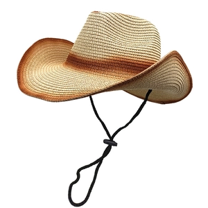 Gradient straw sun hat with wide brim and adjustable chin strap for summer beachwear