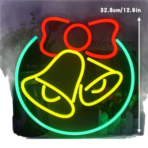 Christmas bell neon sign with red bow for festive holiday party wall decor, 12.9 inch height