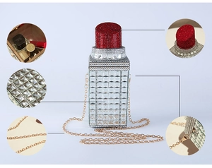 Detailed views of lipstick shaped crystal clutch bag with silver rhinestones and gold chain
