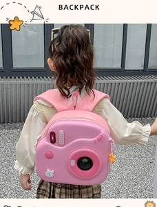 Zaino rigido rosa a forma di fotocamera per bambini con spallacci regolabili