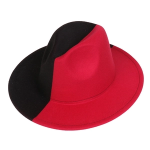 Top view of red and black gradient felt fedora hat showing its wide brim and crown