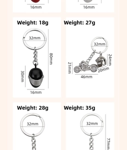 Detailed technical dimensions and weights for motorcycle helmet and bike keychains
