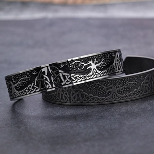 Vintage stainless steel open bangle with Tree of Life and Celtic knot engravings