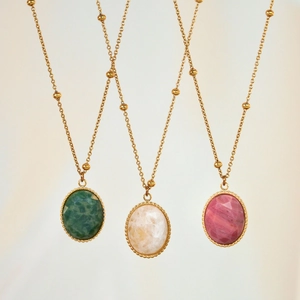 Vintage Stainless Steel 14K Gold Plated Beaded Chain Necklace For Women Faceted Oval Natural Stone Pendant Jewelry Gift