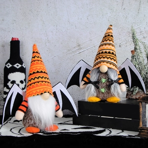Halloween gnomes with bat wings and orange striped hats, set of two plush decorations