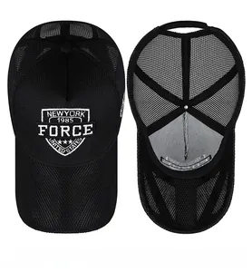 Detail of black mesh baseball cap showing breathable texture and interior stitching