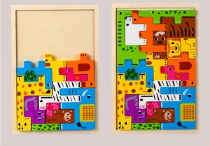 Détails de pièces de puzzle tetris en bois d'animaux colorés montrant l'assemblage