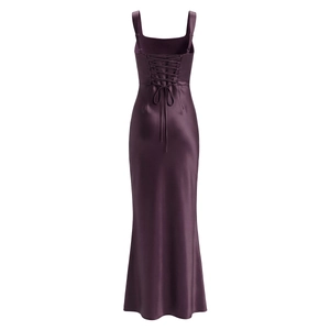 Detailed back view of dark purple satin evening dress featuring criss-cross lace-up straps
