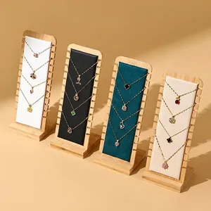 Necklace Display Stand Bamboo Wood Detachable Jewelry Holder Velvet Leather Pendant Rack Organizer For Retail Showroom