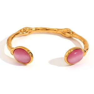 Retro 18K gold plated stainless steel open cuff with pink oval natural stone accents