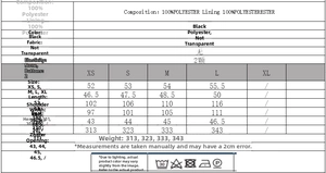 Size chart detail showing measurements and material specs for the black sleeveless vest jacket
