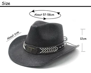 Detailed size chart for black straw cowboy hat with 8cm brim and 58cm circumference