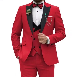 Men's red three-piece suit with black peak lapel for weddings and formal banquets