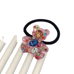 Élastique à cheveux ours rose translucide avec cristaux sur cordon noir