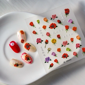 Detailed 5D embossed peony flower nail stickers with 3D texture on white plate