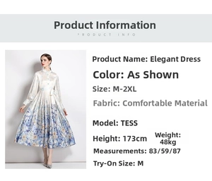 Detail view of satin floral dress with stand collar, puff sleeves, and waist tie design