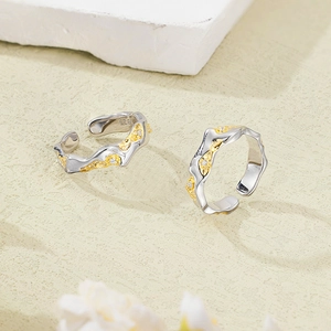 Adjustable S925 sterling silver lava texture open ring with gold accent for women