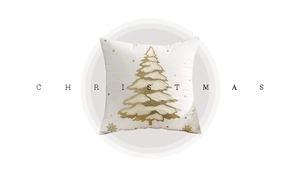 Close-up of golden Christmas tree and snowflake embroidery on white velvet pillowcase