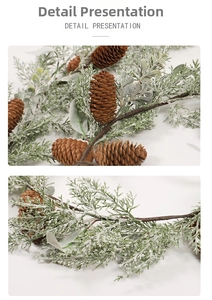 Close-up of artificial frosted pine branch with pine cones and snow-flocked leaves