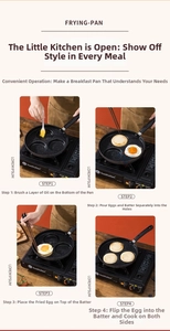 Macro view of four-hole non-stick pan steps for making fried egg burgers on gas stove