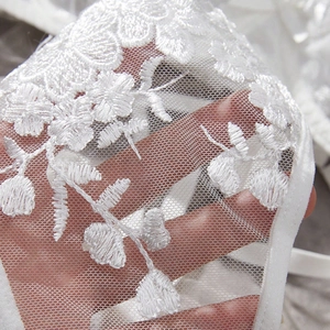 Detailed close-up of white floral embroidery on sheer lace fabric for lingerie sets