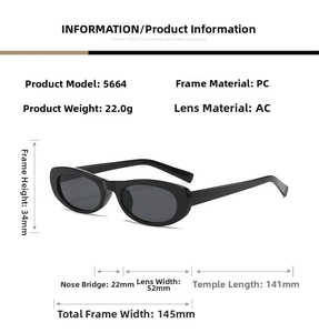 Detailed size chart for retro oval sunglasses showing PC frame and AC lens dimensions