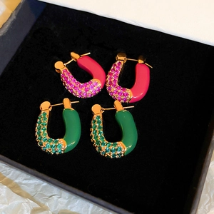 Vintage U-Shaped Hoop Earrings Copper With Zircon Enamel Geometric Elegant Jewelry Steel Earring Post
