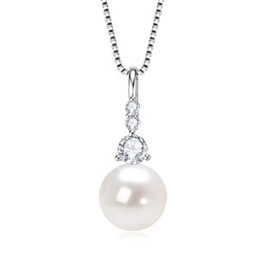 Detail of round natural freshwater pearl pendant with three sparkling crystal accents