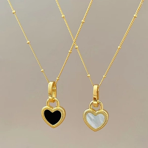 Double-sided shell heart pendant necklace in gold S925 silver with black and white shells