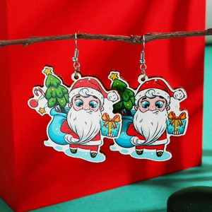 Detail of cartoon Santa Claus wooden earrings with colorful gift bags on wooden branch